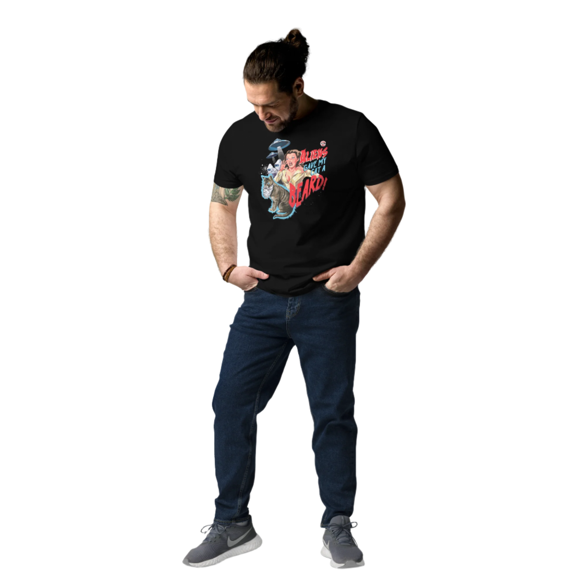 T-shirt Da Uomo In Cotone Con Scritta "Aliens Gave My Cat A Beard - Foto 4